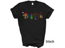 Load image into Gallery viewer, Believe Christmas tshirt, Santa t shirt, Christmas tshirts, Family tshirts.