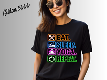 Load image into Gallery viewer, Eat Sleep Yoga Repeat T-Shirt | Yoga Lover Shirt | Funny Yoga Tee | Yogi Gift | Yoga Instructor Shirt | Fitness Workout Tee