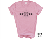 Load image into Gallery viewer, Celestial T-Shirt, Moon Phase T-shirt, Boho Mystical Moon And Sun Tee, Boho Moon Outfit, Spiritual Moon Women Clothing Gifts