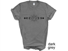 Load image into Gallery viewer, Celestial T-Shirt, Moon Phase T-shirt, Boho Mystical Moon And Sun Tee, Boho Moon Outfit, Spiritual Moon Women Clothing Gifts