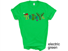 Load image into Gallery viewer, Believe Christmas tshirt, Santa t shirt, Christmas tshirts, Family tshirts.
