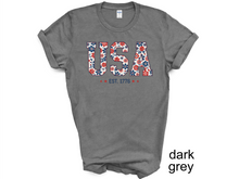 Load image into Gallery viewer, Floral USA Shirt, America Shirt, Fourth of July Shirt,4th of July Tee,Patriotic Shirt,USA Est 1776 Shirt,Girly USA Tee