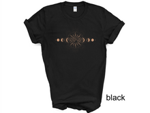 Load image into Gallery viewer, Celestial T-Shirt, Moon Phase T-shirt, Boho Mystical Moon And Sun Tee, Boho Moon Outfit, Spiritual Moon Women Clothing Gifts