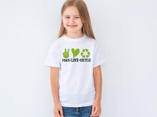 Load image into Gallery viewer, Peace Love Recycle t-shirt, Earth Day tshirt, Nature Lover&#39;s tshirt, Hiking, Love Life, Recycle, Less Plastic
