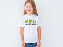 Load image into Gallery viewer, Peace Love Recycle t-shirt, Earth Day tshirt, Nature Lover's tshirt, Hiking, Love Life, Recycle, Less Plastic