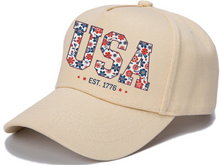 Load image into Gallery viewer, Floral USA Hat, America Hat, Fourth of July hat, 4th of July Hat, Patriotic Hat,USA Est 1776 hat, Girly USA Hat