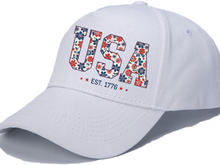 Load image into Gallery viewer, Floral USA Hat, America Hat, Fourth of July hat, 4th of July Hat, Patriotic Hat,USA Est 1776 hat, Girly USA Hat