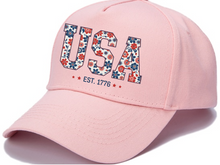 Load image into Gallery viewer, Floral USA Hat, America Hat, Fourth of July hat, 4th of July Hat, Patriotic Hat,USA Est 1776 hat, Girly USA Hat