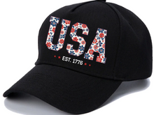 Load image into Gallery viewer, Floral USA Hat, America Hat, Fourth of July hat, 4th of July Hat, Patriotic Hat,USA Est 1776 hat, Girly USA Hat