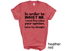 Load image into Gallery viewer, In order to insult me, I must first value your opinion.(nice try though) T-shirt