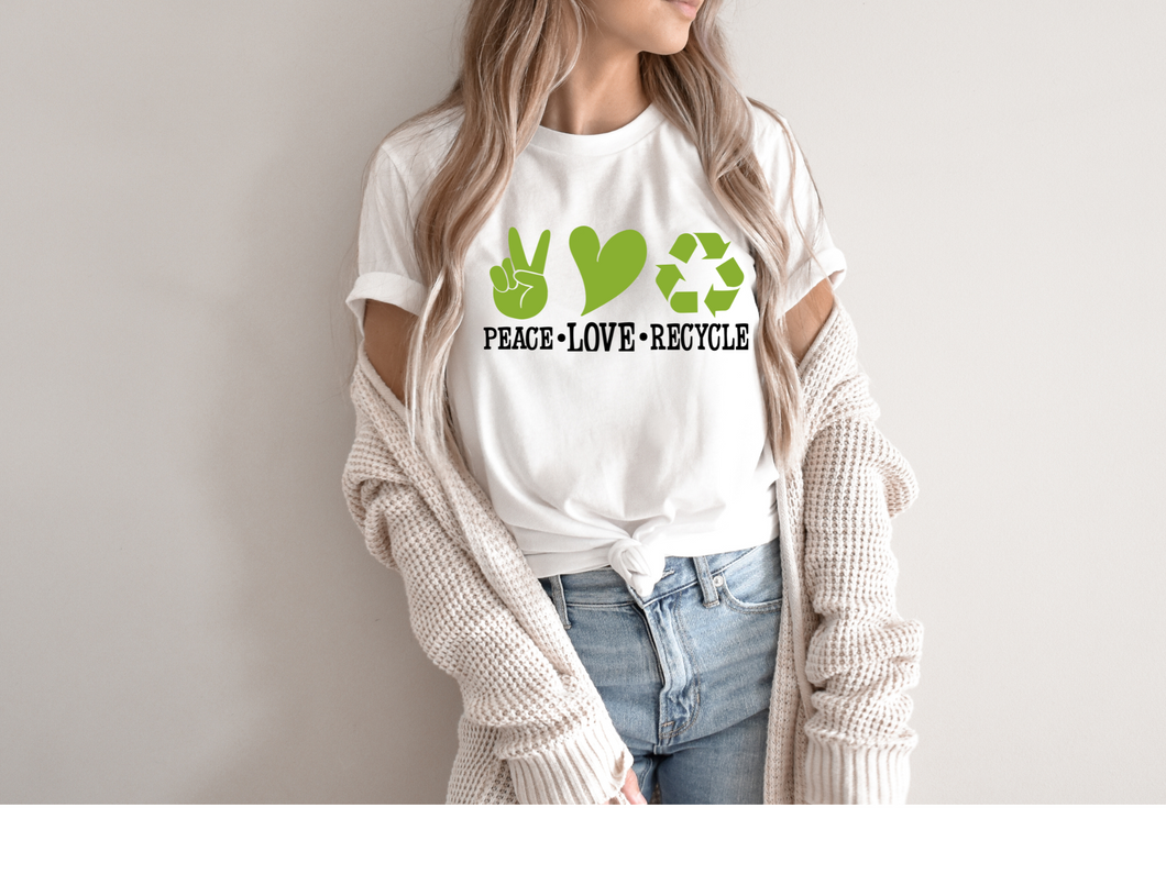 Peace Love Recycle t-shirt, Earth Day tshirt, Nature Lover's tshirt, Hiking, Love Life, Recycle, Less Plastic
