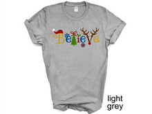 Load image into Gallery viewer, Believe Christmas tshirt, Santa t shirt, Christmas tshirts, Family tshirts.
