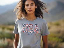 Load image into Gallery viewer, Floral USA Shirt, America Shirt, Fourth of July Shirt,4th of July Tee,Patriotic Shirt,USA Est 1776 Shirt,Girly USA Tee