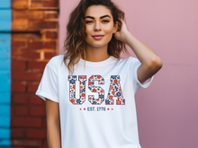 Load image into Gallery viewer, Floral USA Shirt, America Shirt, Fourth of July Shirt,4th of July Tee,Patriotic Shirt,USA Est 1776 Shirt,Girly USA Tee