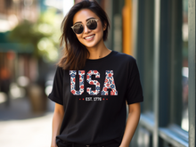 Load image into Gallery viewer, Floral USA Shirt, America Shirt, Fourth of July Shirt,4th of July Tee,Patriotic Shirt,USA Est 1776 Shirt,Girly USA Tee