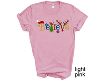 Load image into Gallery viewer, Believe Christmas tshirt, Santa t shirt, Christmas tshirts, Family tshirts.