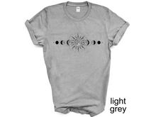 Load image into Gallery viewer, Celestial T-Shirt, Moon Phase T-shirt, Boho Mystical Moon And Sun Tee, Boho Moon Outfit, Spiritual Moon Women Clothing Gifts