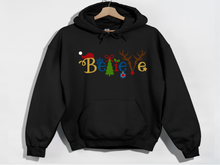 Load image into Gallery viewer, Believe Christmas Hooded Sweatshirt, Santa t shirt, Christmas tshirts, Family tshirts.