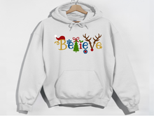 Load image into Gallery viewer, Believe Christmas Hooded Sweatshirt, Santa t shirt, Christmas tshirts, Family tshirts.