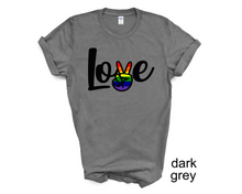 Load image into Gallery viewer, Love, Peace, Pride tshirt, Gay Pride shirt, Pride tshirt, Love is Love, Gay Pride Parade, Unisex tshirts, Pride adult and kids tshirts