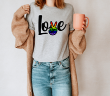 Load image into Gallery viewer, Love, Peace, Pride tshirt, Gay Pride shirt, Pride tshirt, Love is Love, Gay Pride Parade, Unisex tshirts, Pride adult and kids tshirts