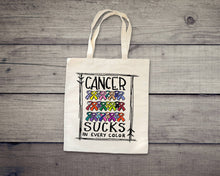 Load image into Gallery viewer, Cancer Sucks in Every Color tote bag. Fabric tote. Tote bag.