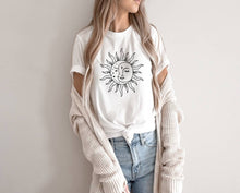 Load image into Gallery viewer, Celestial Sun and Moon tshirt. Mystical. Moon. Sun. Eclipse. Boho.