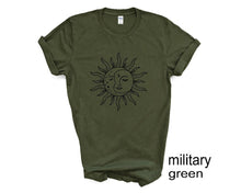 Load image into Gallery viewer, Celestial Sun and Moon tshirt. Mystical. Moon. Sun. Eclipse. Boho.
