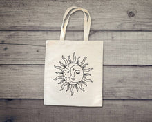 Load image into Gallery viewer, Moon and Sun Tote Bag. Celestial tote. Eclipse. Boho Moon tote bag.
