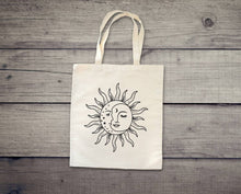 Load image into Gallery viewer, Moon and Sun Tote Bag. Celestial tote. Eclipse. Boho Moon tote bag.