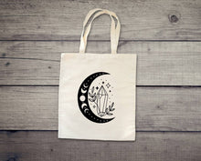 Load image into Gallery viewer, Boho Moon Phase tote bag. Celestial moon and crystals. Crystals lovers.
