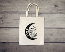 Load image into Gallery viewer, Boho Moon Phase tote bag. Celestial moon and crystals. Crystals lovers.