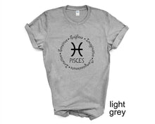 Load image into Gallery viewer, Pisces Zodiac Sign tshirt. Horoscope. Mystical. Pisces personality tshirt.