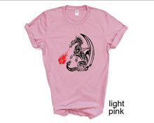 Load image into Gallery viewer, Dragon Unisex tshirt, Dragons, Gothic, Dragon lovers gifts, Dragon spitting fire, Dragon fans, Adult and youth sizes