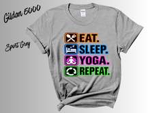 Load image into Gallery viewer, Eat Sleep Yoga Repeat T-Shirt | Yoga Lover Shirt | Funny Yoga Tee | Yogi Gift | Yoga Instructor Shirt | Fitness Workout Tee
