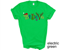 Load image into Gallery viewer, Believe Christmas tshirt, Santa t shirt, Christmas tshirts, Family tshirts.
