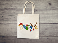 Load image into Gallery viewer, Believe Christmas Tote, Santa Tote, ChristmasTote, Family Tote.
