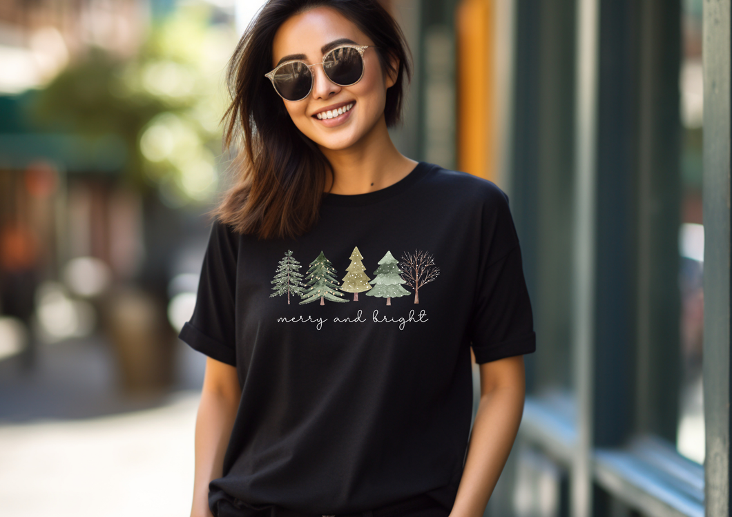 Merry and Bright Trees Shirt, Women's Christmas T-Shirt, Womans Holiday Shirt,Christmas Gift, Cute Holiday Tee, Christmas