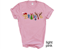 Load image into Gallery viewer, Believe Christmas tshirt, Santa t shirt, Christmas tshirts, Family tshirts.
