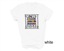 Load image into Gallery viewer, Cancer Sucks tshirt. Cancer Ribbons. Clearance available White M  Adult only
