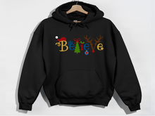 Load image into Gallery viewer, Believe Christmas Hooded Sweatshirt, Santa t shirt, Christmas tshirts, Family tshirts.
