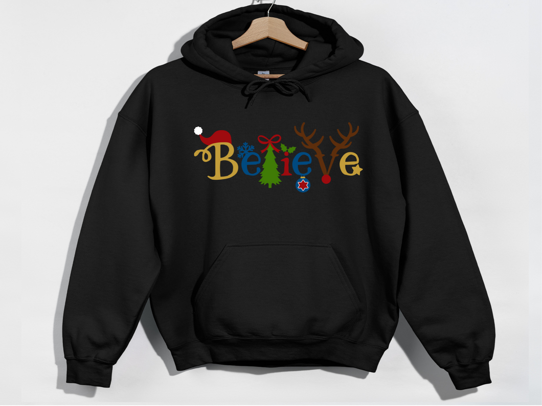 Believe Christmas Hooded Sweatshirt, Santa t shirt, Christmas tshirts, Family tshirts.