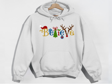 Load image into Gallery viewer, Believe Christmas Hooded Sweatshirt, Santa t shirt, Christmas tshirts, Family tshirts.
