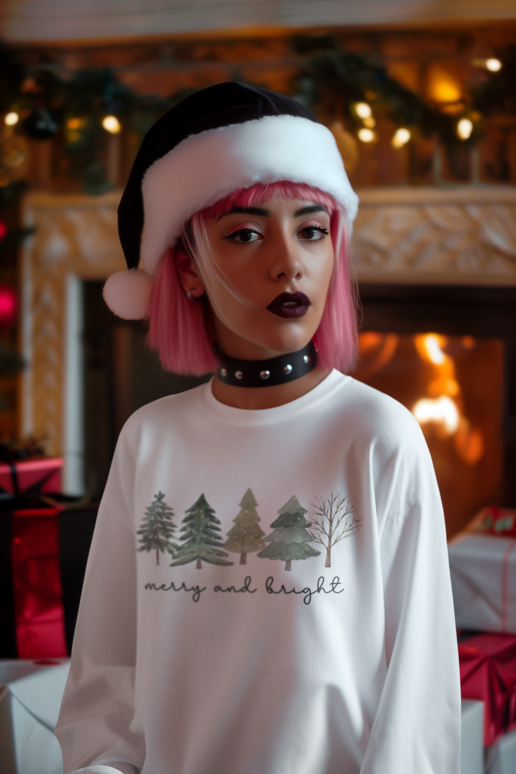 Merry and Bright Trees Long Sleeve Shirt, Women's Christmas Long Sleeve Shirt, Womans Holiday , Christmas Gift, Cute Holiday, Christmas
