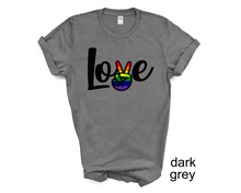 Load image into Gallery viewer, Love, Peace, Pride tshirt, Gay Pride shirt, Pride tshirt, Love is Love, Gay Pride Parade, Unisex tshirts, Pride adult and kids tshirts
