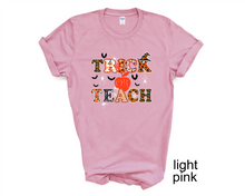Load image into Gallery viewer, Trick or Teach tshirt, Teacher&#39;s Halloween shirt, Gifts, Teacher&#39;s t-shirt, Funny Halloween shirt, Unisex, More colors available
