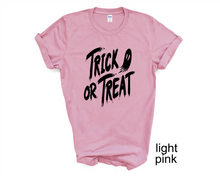 Load image into Gallery viewer, Trick or Treat tshirt, Halloween shirt, Adult and Youth Halloween t shirts, Halloween gifts,
