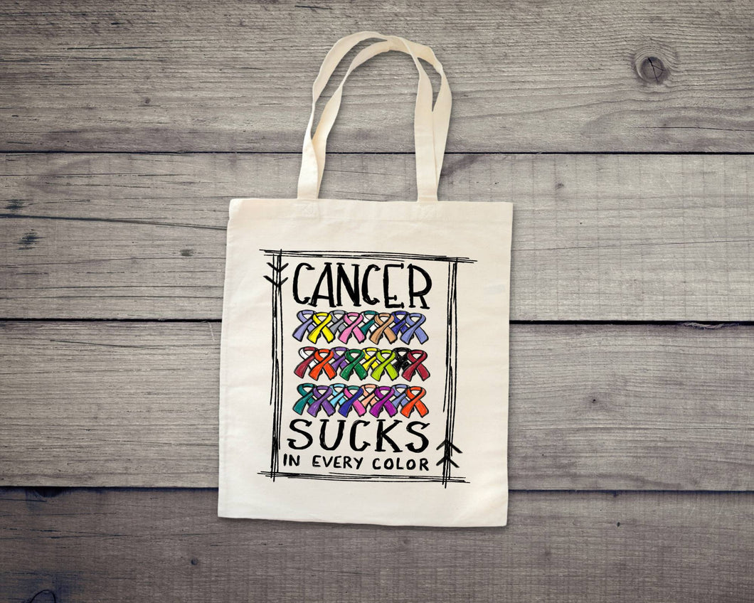 Cancer Sucks in Every Color tote bag. Fabric tote. Tote bag.