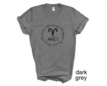 Load image into Gallery viewer, Aries Zodiac Sign tshirt. March April birthdays. Astrology tshirt.
