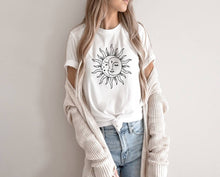Load image into Gallery viewer, Celestial Sun and Moon tshirt. Mystical. Moon. Sun. Eclipse. Boho.
